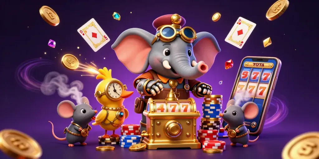 Spin and win at Sin88 with a steampunk elephant operating a golden slot machine in a vibrant casino scene.