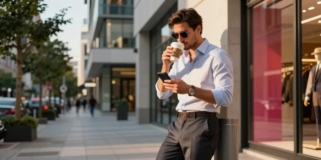 Stylish man in Men's Classic Clothing enjoying urban lifestyle in Vienna.