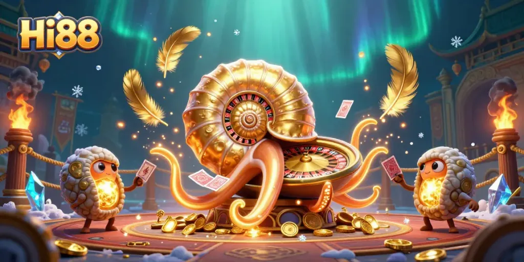 Engage in thrilling gameplay with Hi88's vibrant casino scene featuring a unique nautilus roulette wheel.