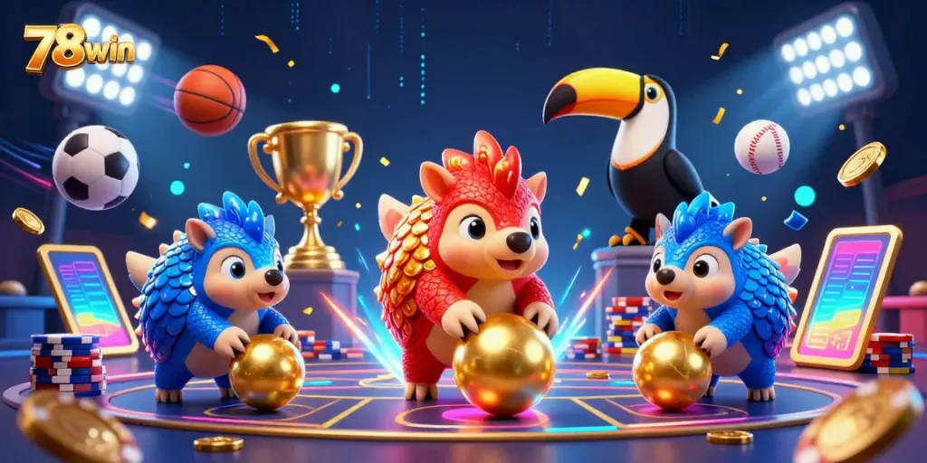 Experience gaming excitement with 78win's dynamic 3D scene featuring rival pangolins and casino elements.