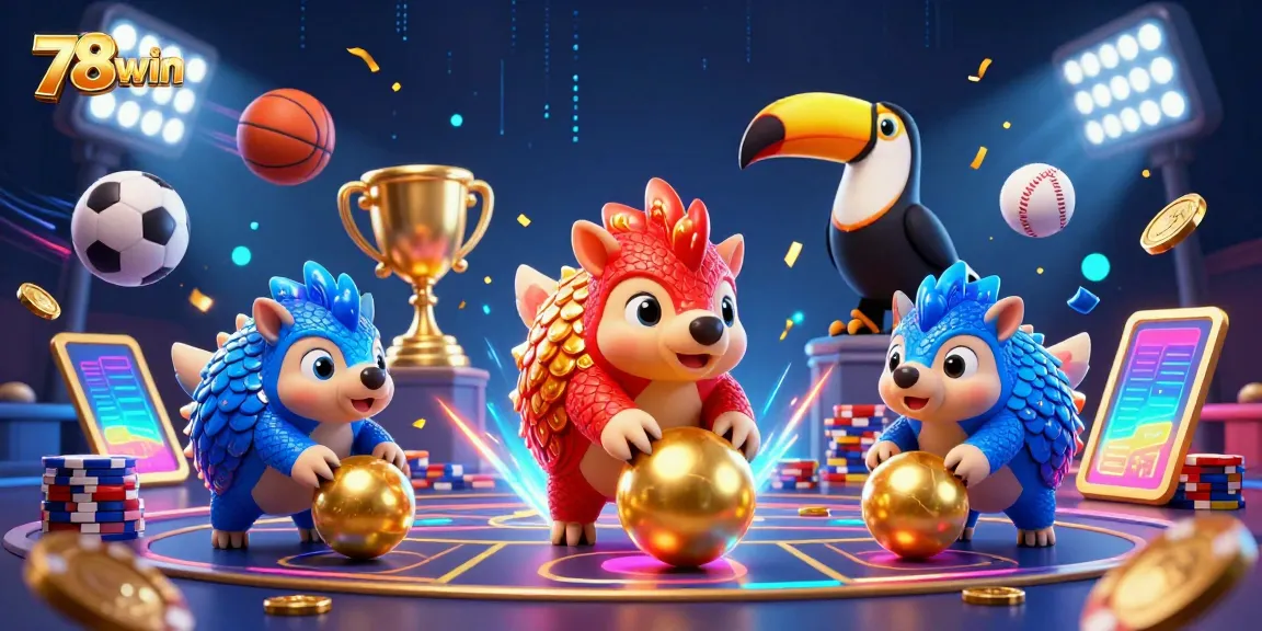 Experience gaming excitement with 78win's dynamic 3D scene featuring rival pangolins and casino elements.
