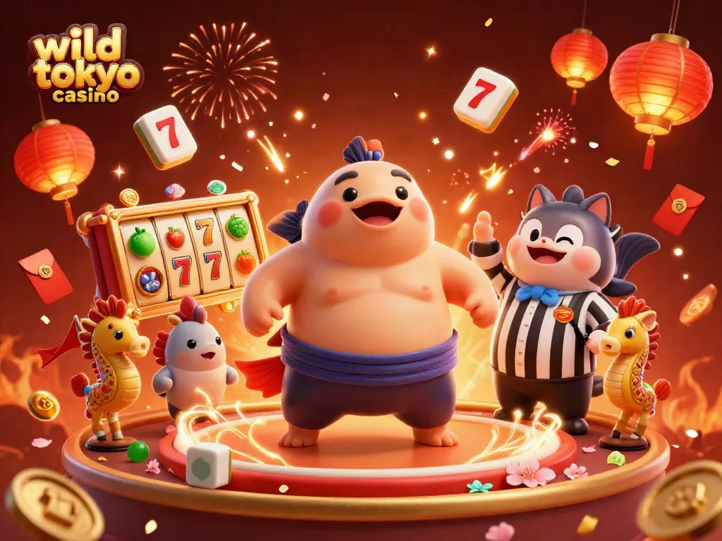 Engage with the wild tokyo casino world through unique 3D illustration showcasing vibrant gaming elements and characters.