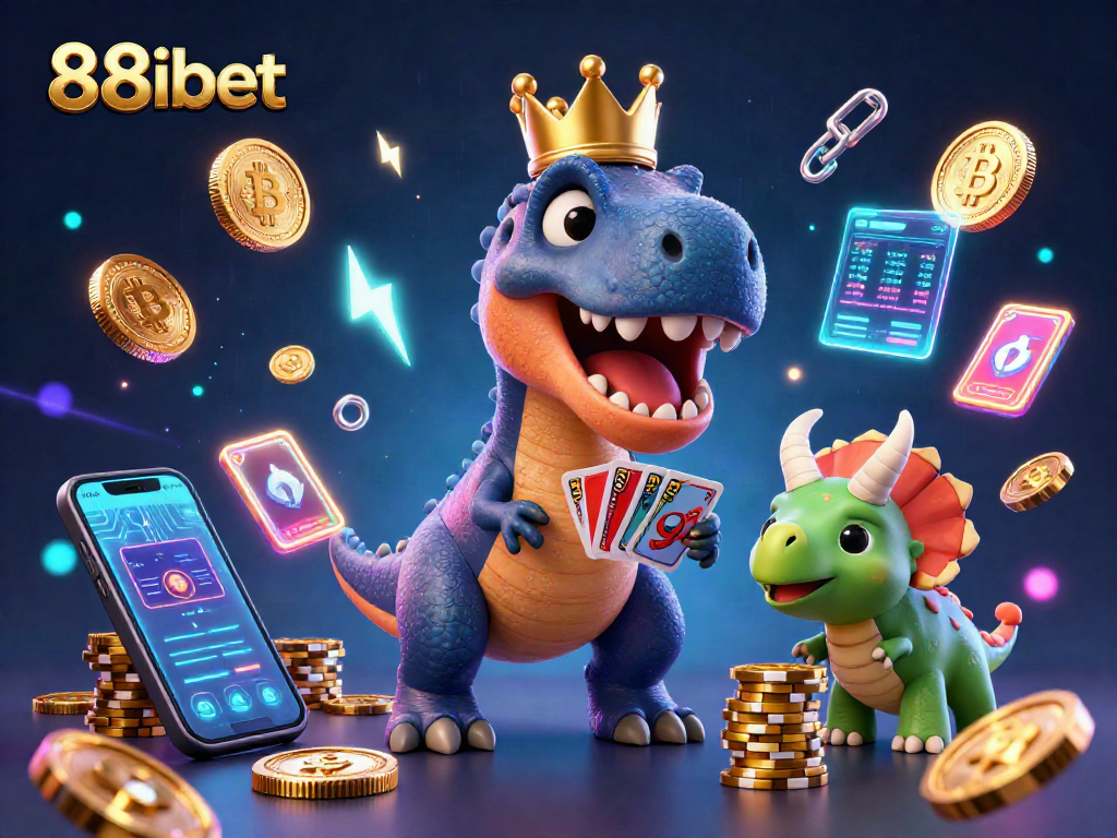 88ibet players enjoying a fun and vibrant 3D casino scene with cartoon characters and crypto treasures.