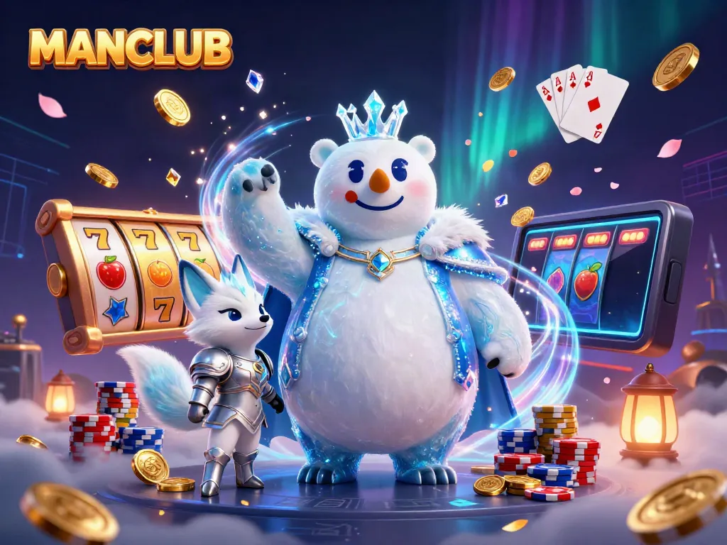 Engage with the exciting MANCLUB casino adventure featuring a polar bear and snow fox amidst vibrant gambling elements.