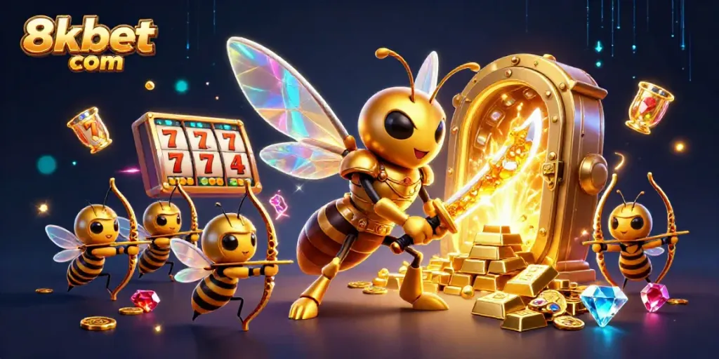 Experience thrilling action at 8xbet com with a vibrant 3D casino adventure featuring slot reels and golden treasures.