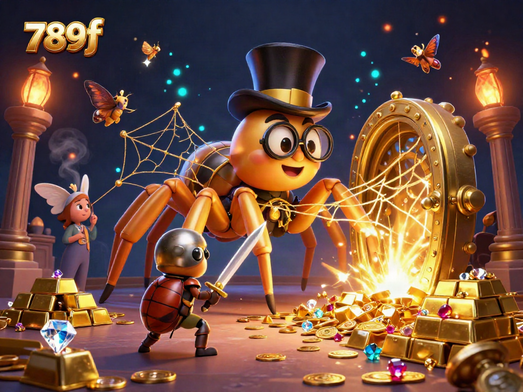 Join the thrilling world of 789f as you encounter a giant golden tarantula weaving sparkling webs in a vibrant casino scene.