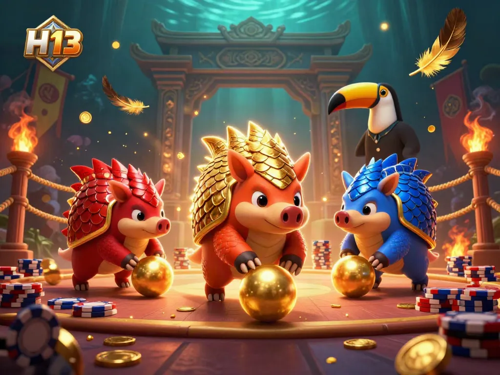 Experience the excitement of H 13 with rival pangolins rolling poker chips in an illustrated casino scene.