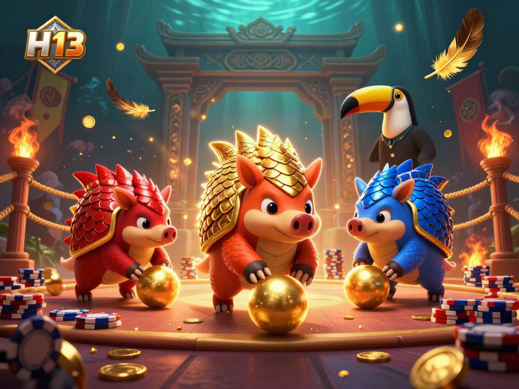 Experience the excitement of H 13 with rival pangolins rolling poker chips in an illustrated casino scene.