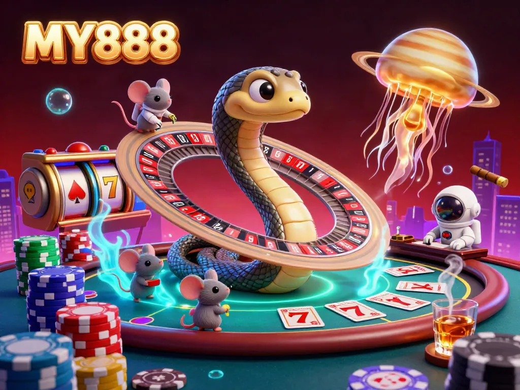 Engage in thrilling gameplay with MY888, featuring thematic slot reels amidst a vibrant 3D casino scene.
