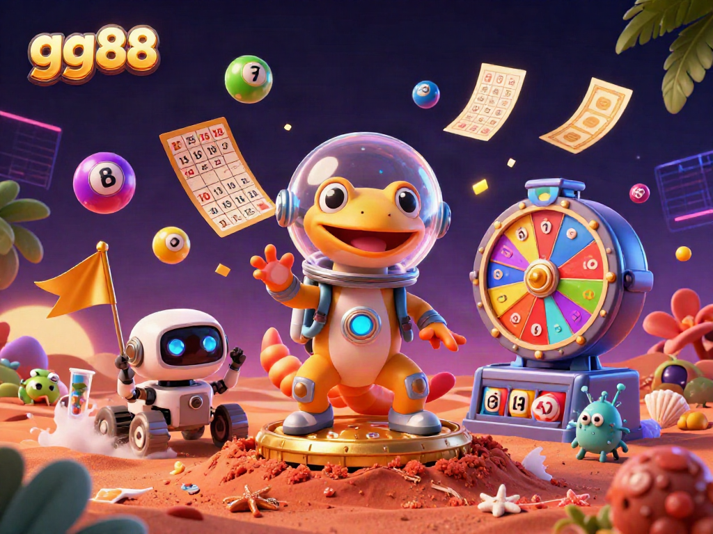 Engage with gg88, a Martian gecko exploring a casino paradise in a whimsical 3D setting.