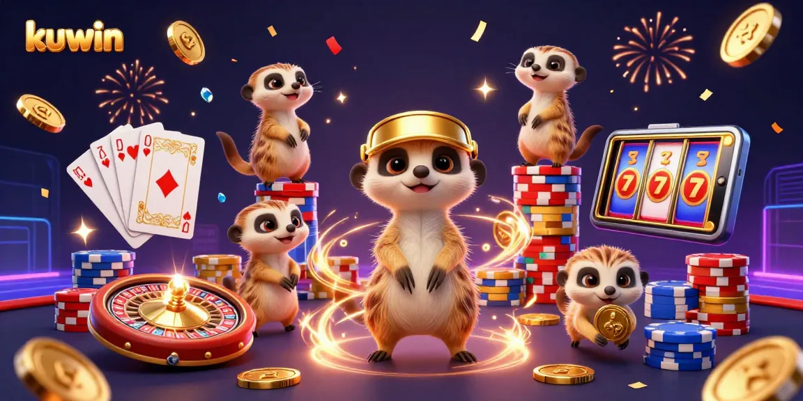 Kuwin casino meerkats in action with vibrant gaming elements and celebratory atmosphere.