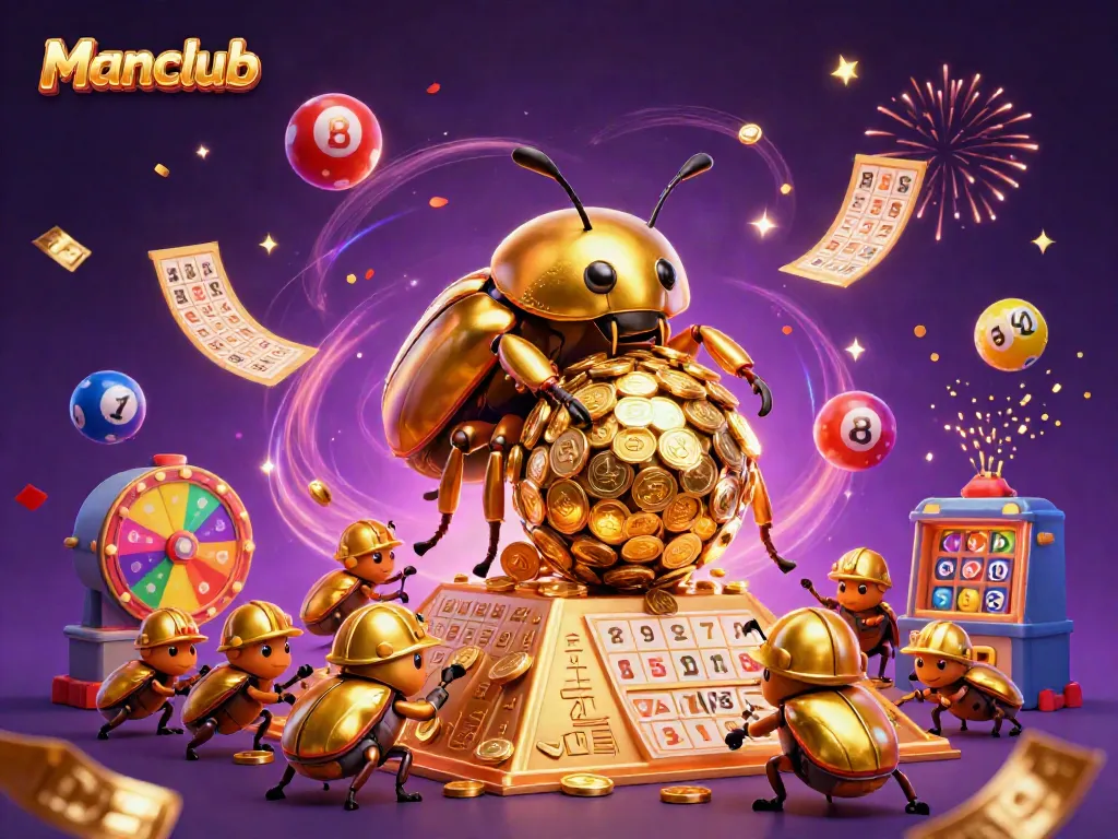 Engage in exciting gameplay with Manclub as vibrant lottery balls bounce amid a golden treasure scene