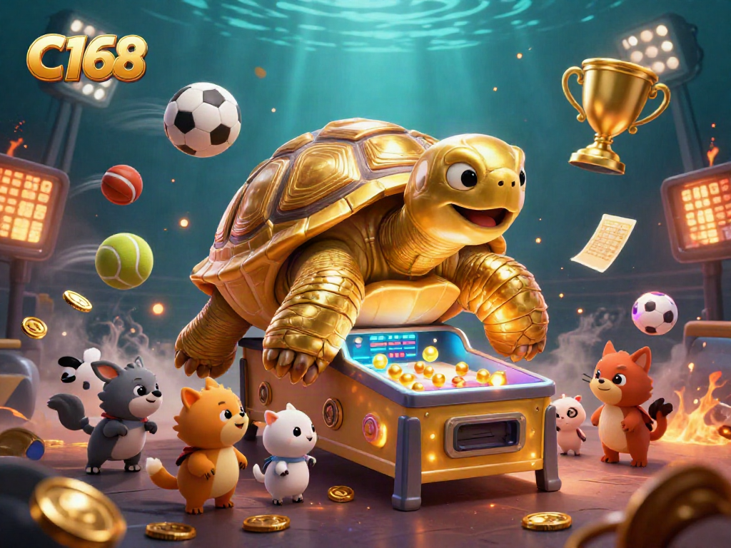 C168 showcases a vibrant scene with a golden tortoise pinball machine among spirited animals and flying sports balls.