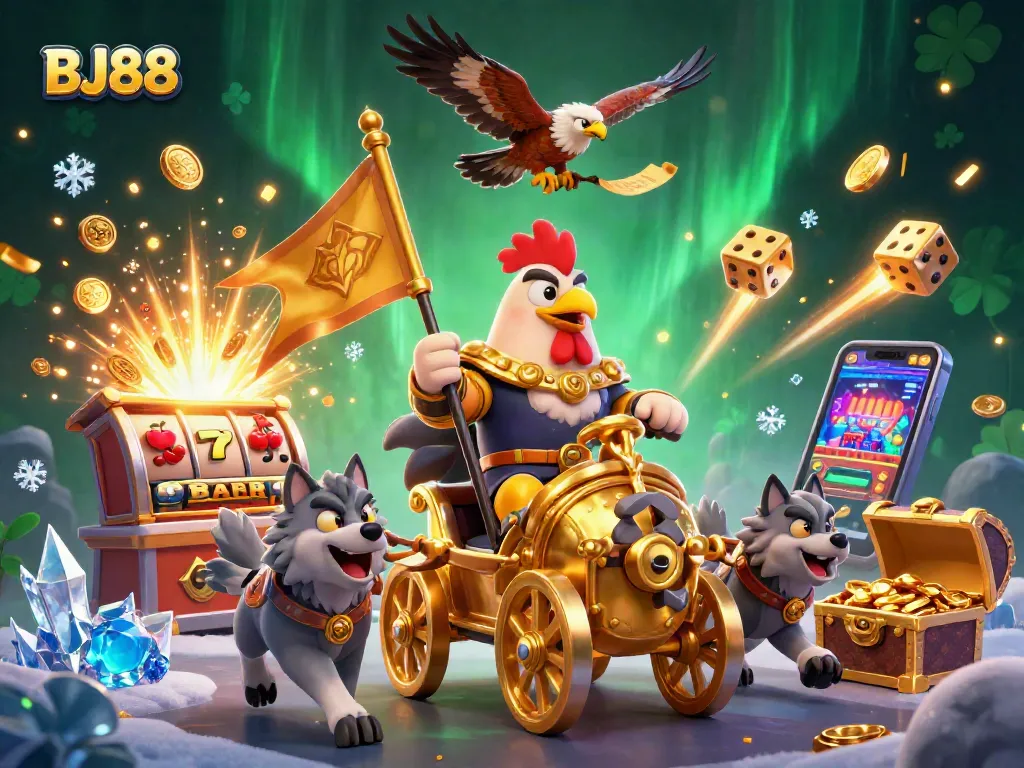Experience thrilling gaming adventures with BJ88 in a vibrant 3D casino scene filled with action.