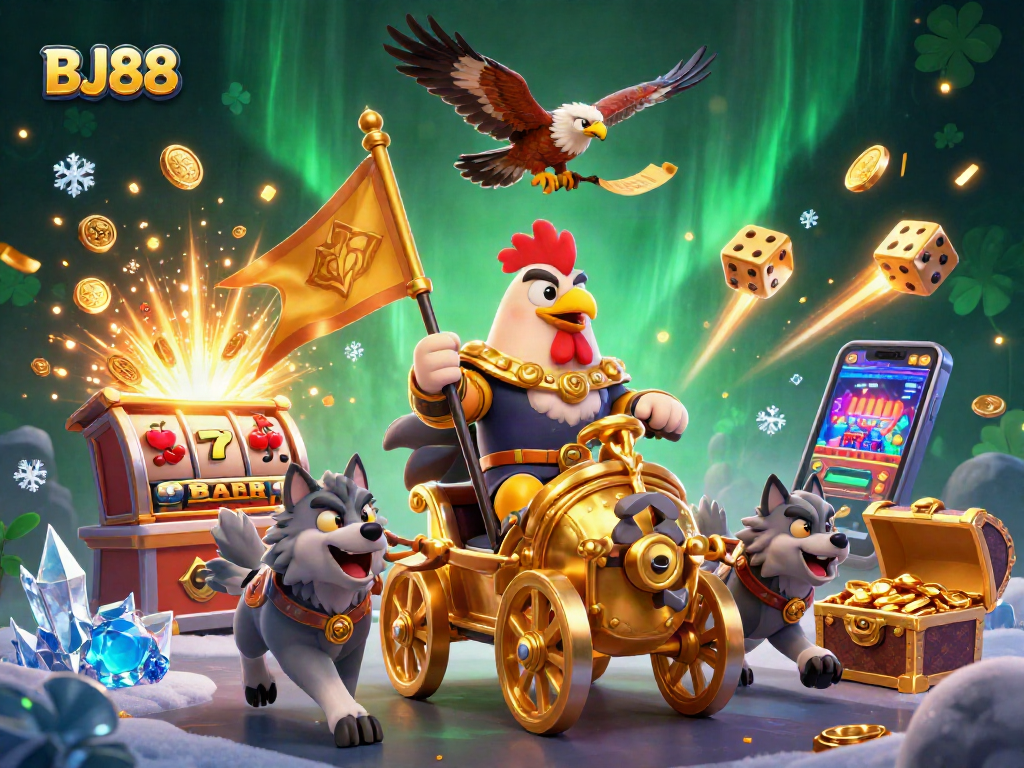 Experience thrilling gaming adventures with BJ88 in a vibrant 3D casino scene filled with action.