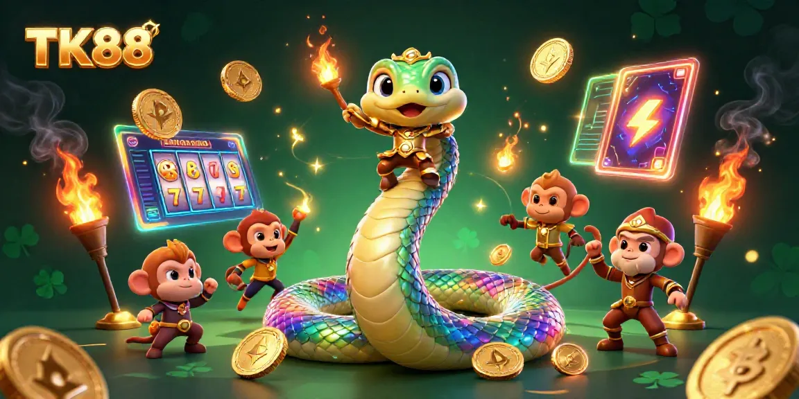 Engage with thrilling slot adventures at TK88, depicted by vibrant game elements and characters.