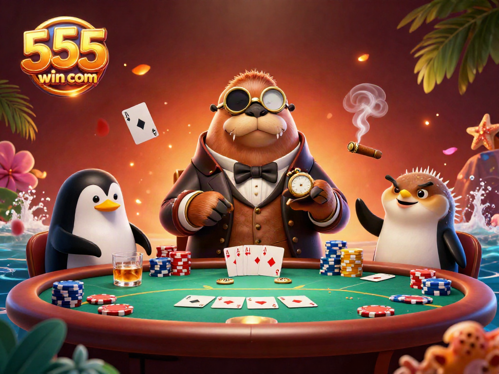 Engage in thrilling poker action with 555win com featuring a jolly walrus and friends in a vibrant underwater casino.