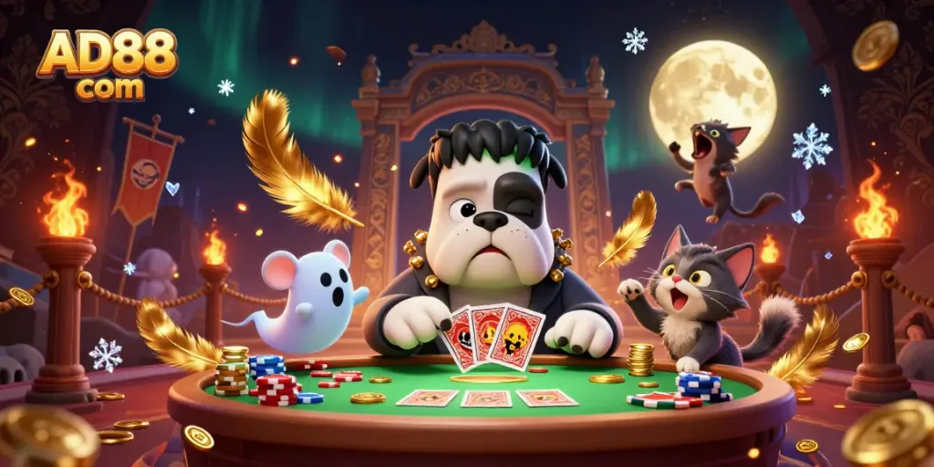 Play cards with a 3D cartoon Frankenstein bulldog at AD88 com, amidst vibrant casino elements.