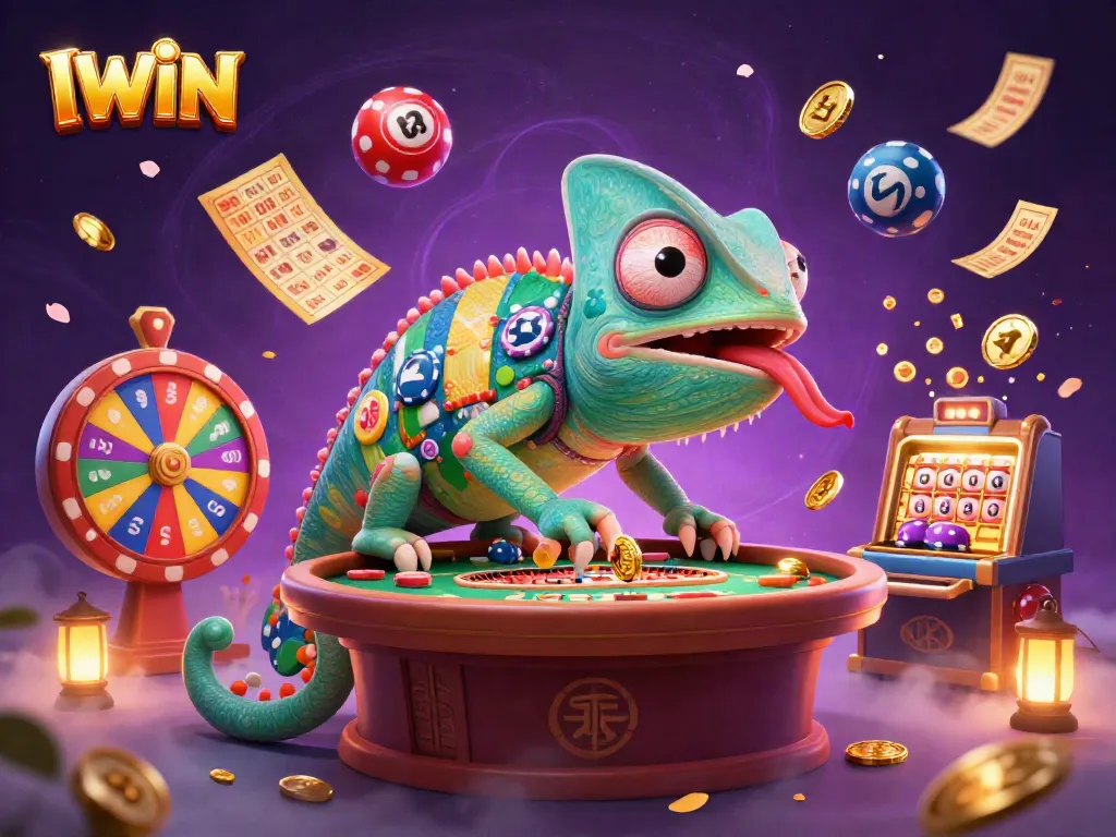 IWIN chameleon casino owner in a vibrant, action-packed scene with lottery and bingo elements