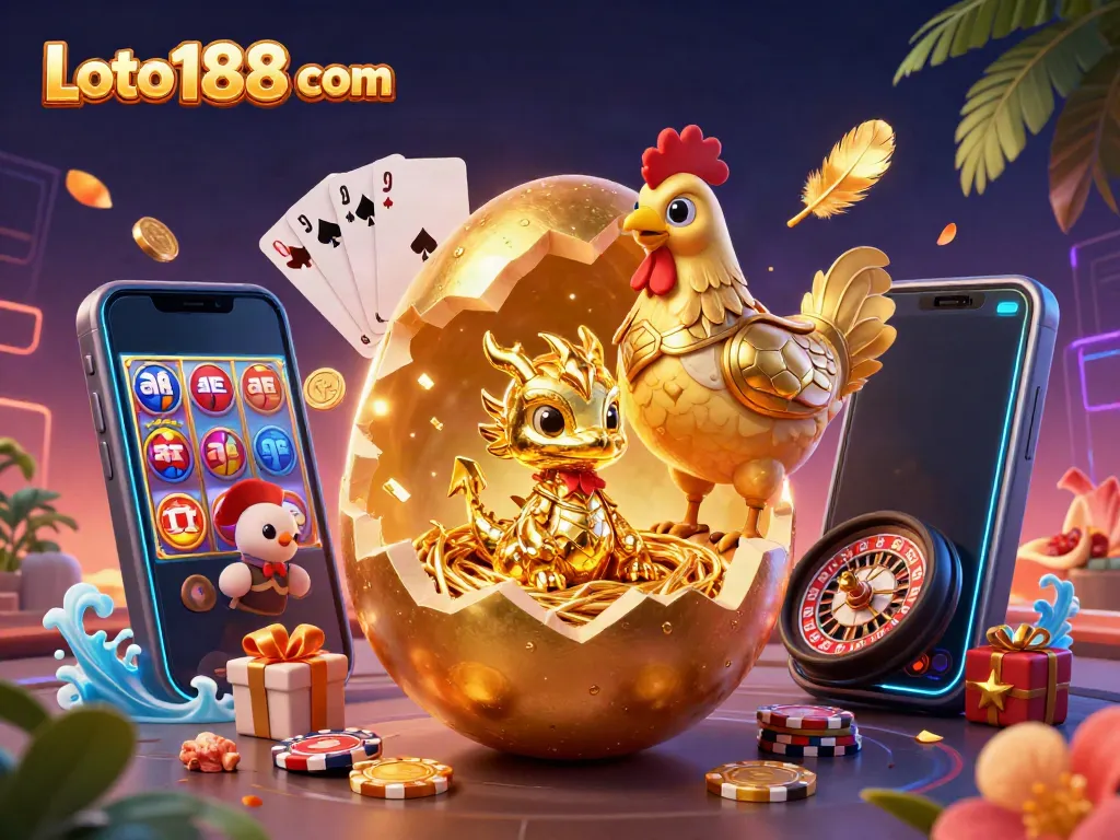 Experience vibrant gaming action at Loto188 com with a baby dragon and golden elements in a thrilling casino scene.