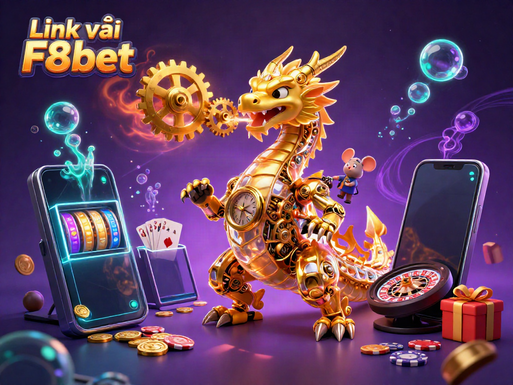 Experience the thrill of gaming with Link vào F8bet as a golden dragon breathes gears and cogs in a vibrant slot scene.