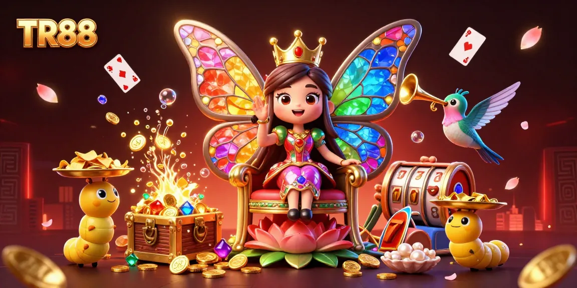 Engage with TR88's vibrant casino adventure featuring a butterfly queen amid riches and excitement.