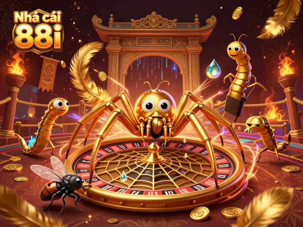 Bettors engaging with the vibrant scene at Nhà cái 88i, featuring a spider and a croupier.