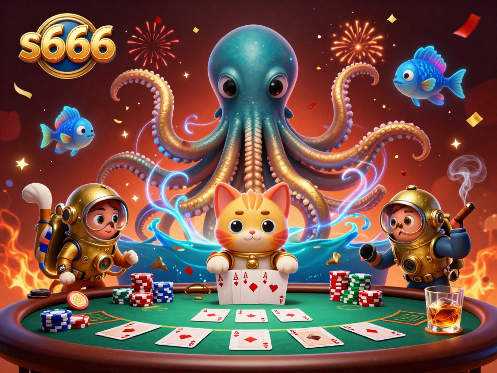 Experience the thrill of the s666 gaming universe with a captivating kraken and diving cat illustration.