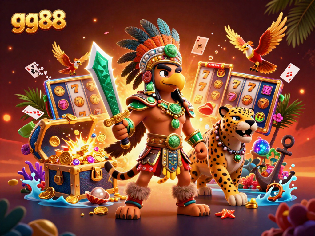 Engage in exciting gameplay with gg88's vibrant 3D illustration of an Aztec warrior and slot elements.