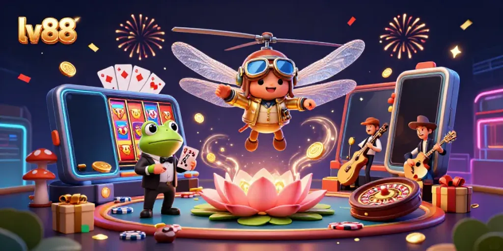 Experience thrilling casino action at lv88 with a dragonfly pilot and frog croupier in a vibrant game scene.