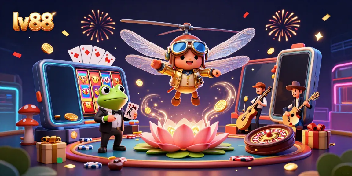 Experience thrilling casino action at lv88 with a dragonfly pilot and frog croupier in a vibrant game scene.