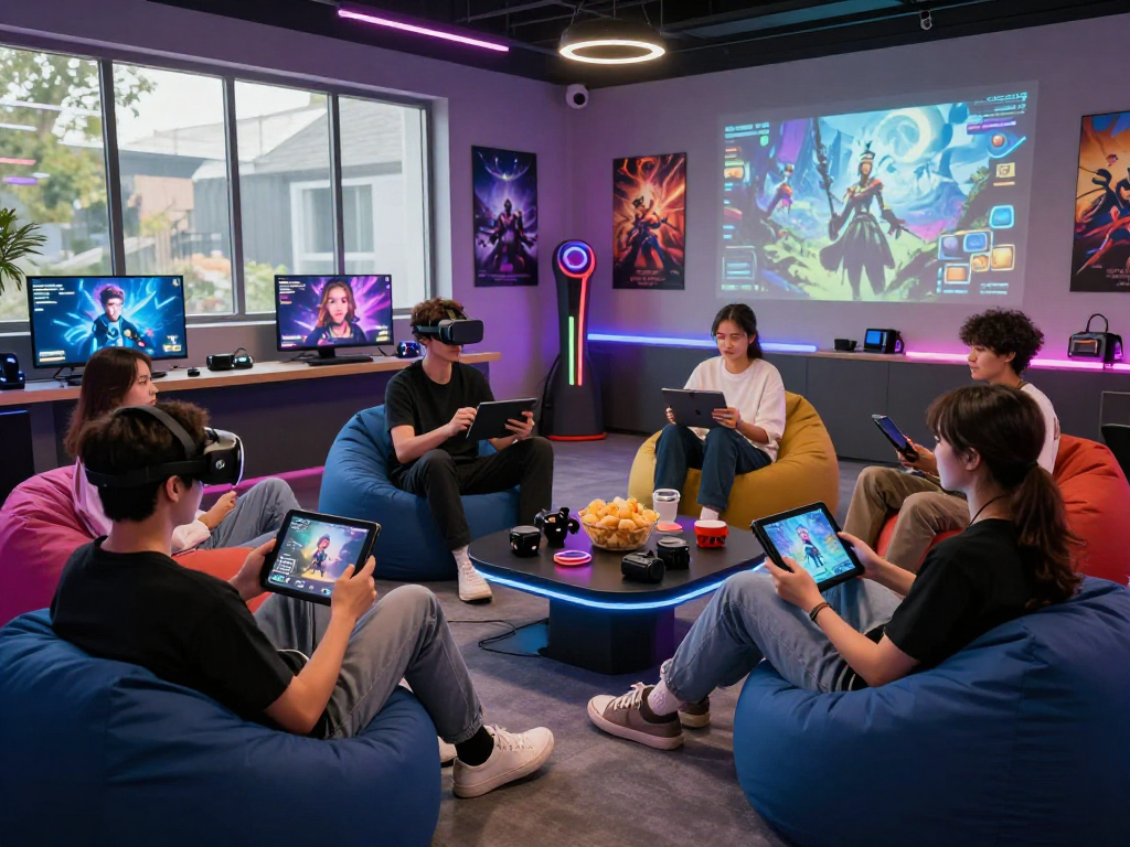 Exciting ai roleplay scene with diverse players engaged in digital gaming.