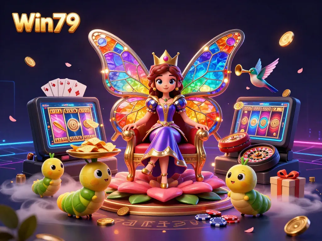 Win79 showcase featuring a vibrant butterfly queen in a dynamic casino scene filled with colorful games and glittering chips.