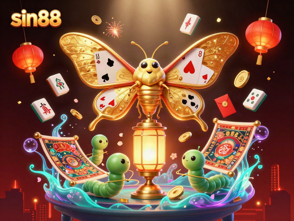 Win exciting prizes at sin88 with our captivating casino scene featuring a majestic moth and festive elements.