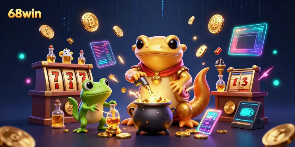 Engage in thrilling gaming sessions with 68win, featuring a vibrant 3D depiction of casino adventures.
