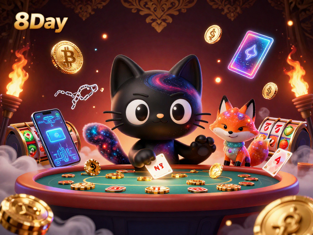 Engage with 8Day's immersive cosmic casino experience featuring a black hole cat and colorful nebula fox.