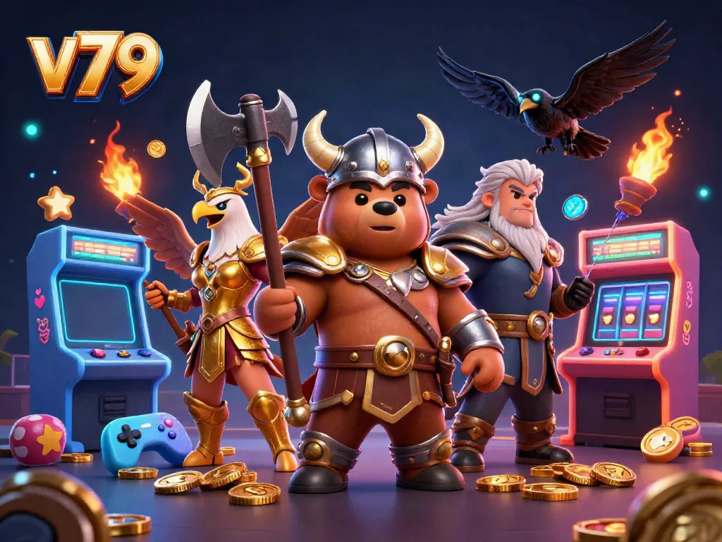 Experience thrilling gaming with v79's vibrant characters and arcade-style elements in dazzling 3D art.