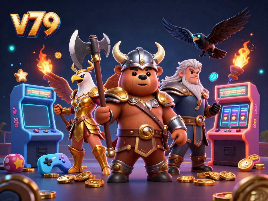 Experience thrilling gaming with v79's vibrant characters and arcade-style elements in dazzling 3D art.