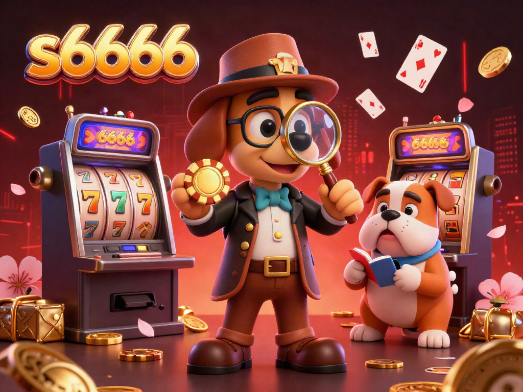 Engage with s6666's thrilling slot machines and playful characters in this vibrant casino illustration.
