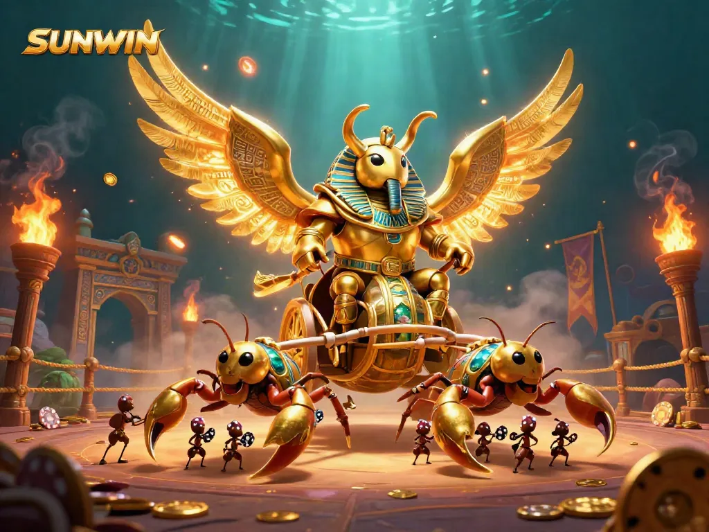 Experience exciting gameplay with SUNWIN through a dynamic scene showcasing a colossal golden beetle and lavish casino elements.