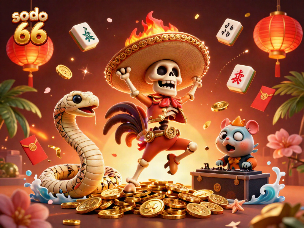 Experience the thrill of sodo 66 with a vibrant casino scene featuring a lively skeleton mariachi, mummy snake, and DJ hamster.