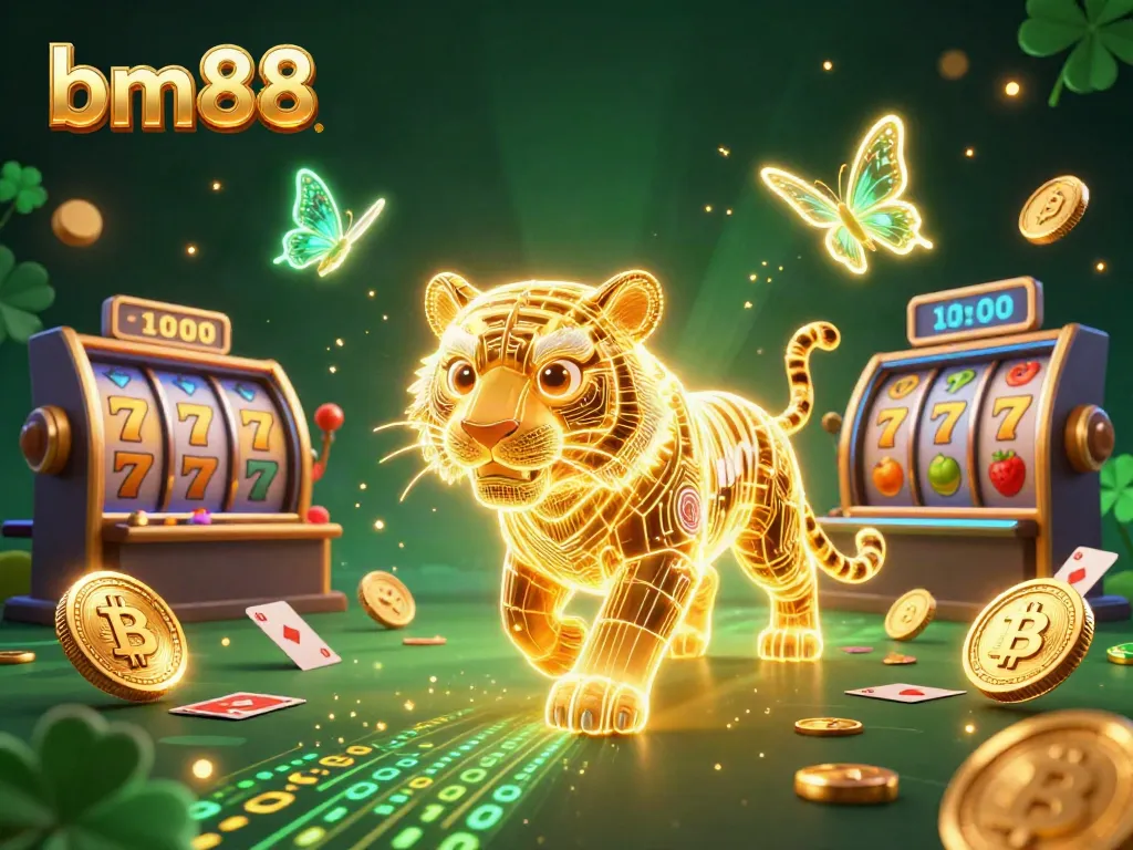 Experience exciting wins at bm88 with a neon golden tiger and animated game elements in a vibrant casino.