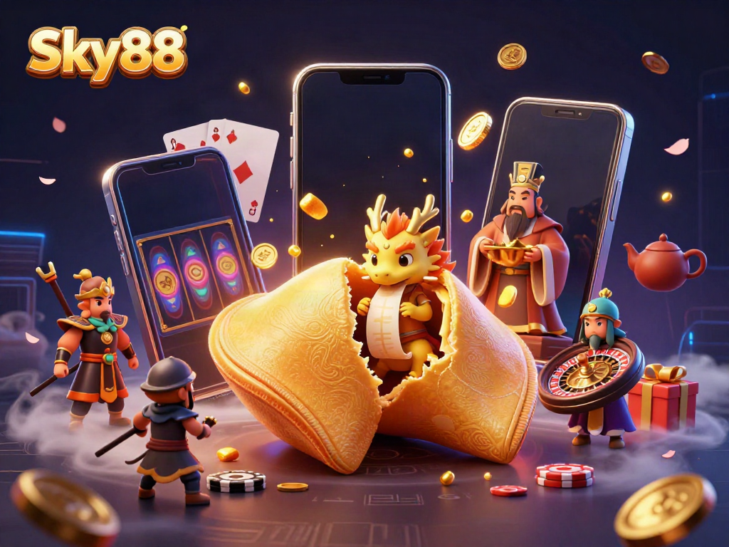 Engage in thrilling gameplay with Sky88, featuring a vibrant casino scene full of treasures and animated characters.