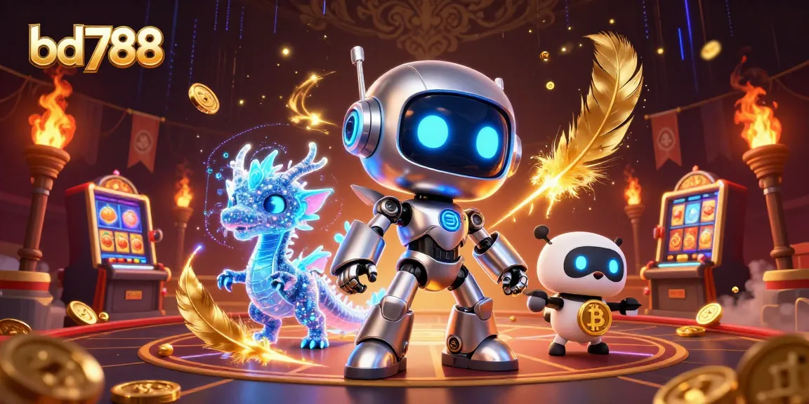 Experience the excitement of bd788 gaming with neon robots and slot machines in a dynamic arena.