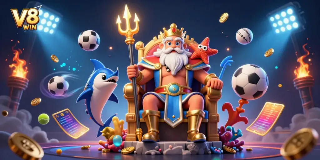 Play exciting games at V8 WIN with Neptune and friends amidst dynamic sports elements