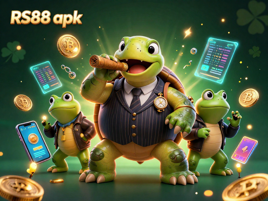 Experience thrilling gambling with RS88 apk graphics featuring a turtle mobster and vibrant casino elements.