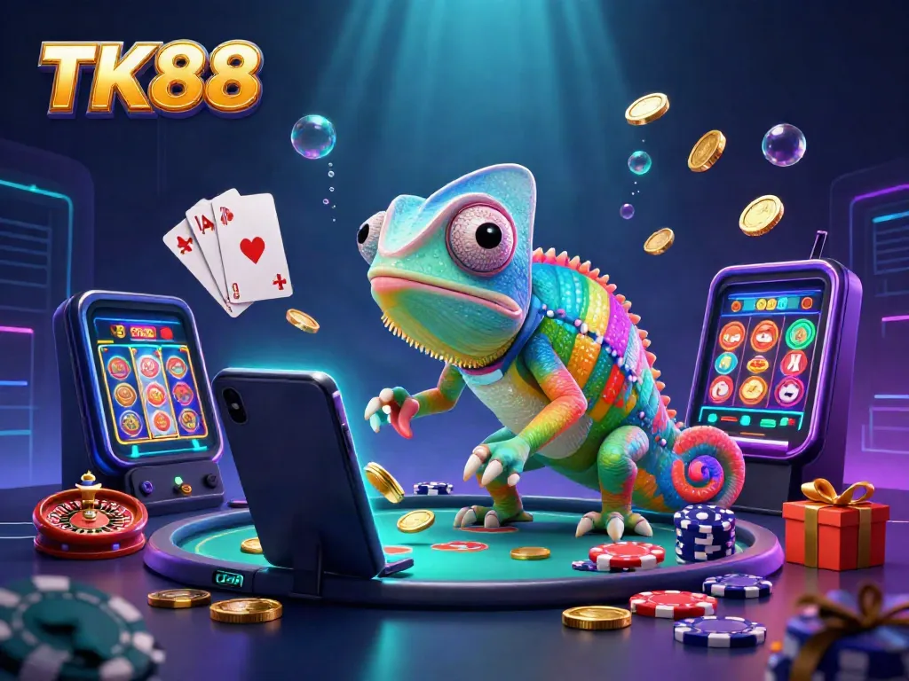 Engage with thrilling TK88 gaming experiences, featuring a colorful chameleon owner amidst vibrant casino elements.
