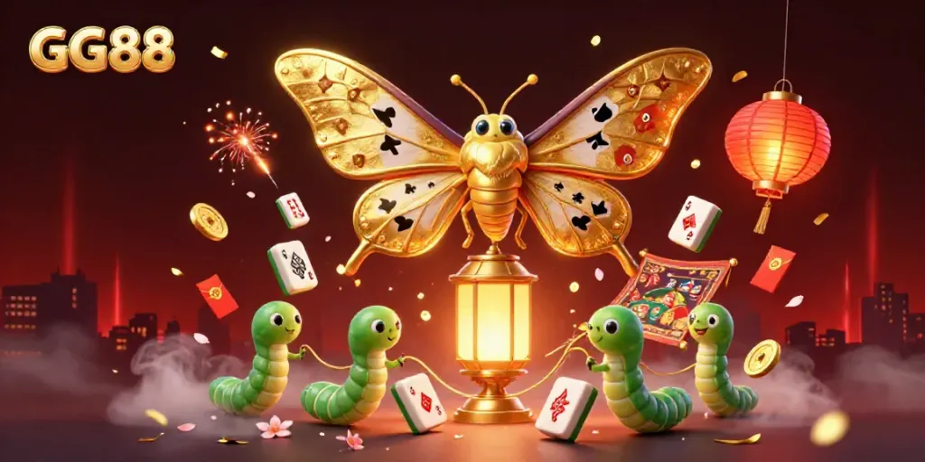 Experience the vibrant energy of GG88 with a lively 3D casino scene featuring golden moths and rich, decorative elements.
