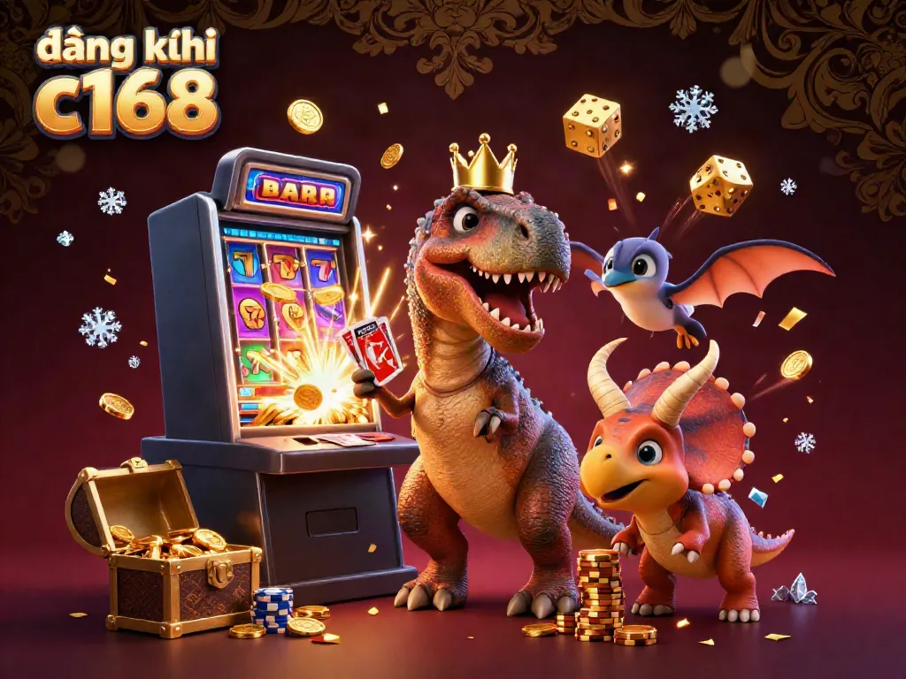 Engage in thrilling casino fun with the delightful scene of đăng ký c168, featuring T-Rex and friends in a vibrant casino.