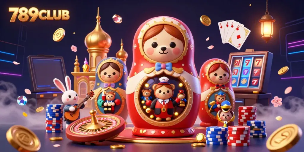Play exciting games at 789CLUB with vibrant casino characters and golden treasures!